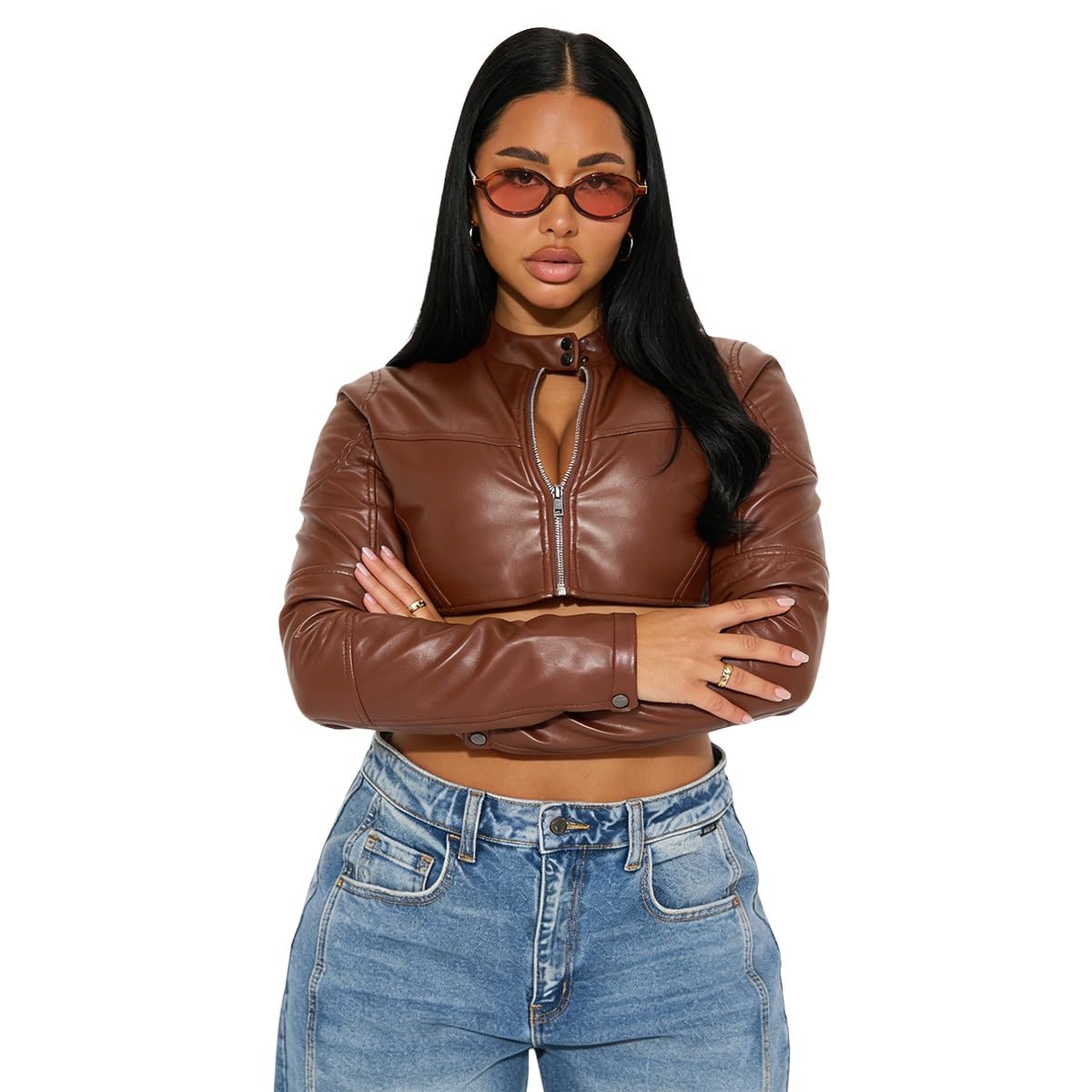 Charyeah Women's Faux Leather Jacket Cropped Leather Jacket Women Bomber Motorcycle Jacket y2k Jacket (US, Alpha, Small, Regular, Regular, Brown)