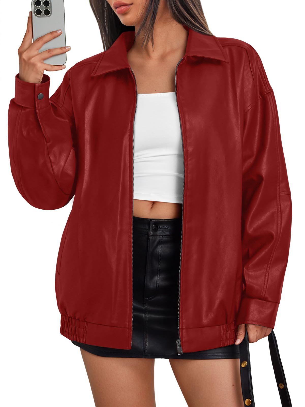 Trendy Queen Womens Leather Jacket, Oversized Spring Going Out & Everyday Statement Piece, Bomber Jackets Fall Moto Coat Red M