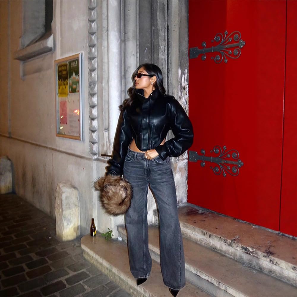 YOUFE Women Faux Leather Jacket Retro Zip Up Motorcycle Long Sleeve Crop Bomber Jacket Y2K Irregular Leather Coat Streetwear