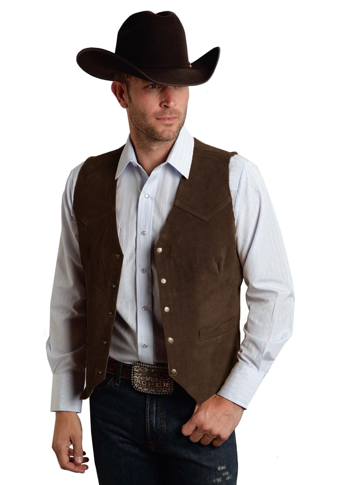 JULUOYIE Men's Suede Leather Vest Vintage Cowboy Waistcoats Wedding Slim Fit Sleeveless Jacket Brown