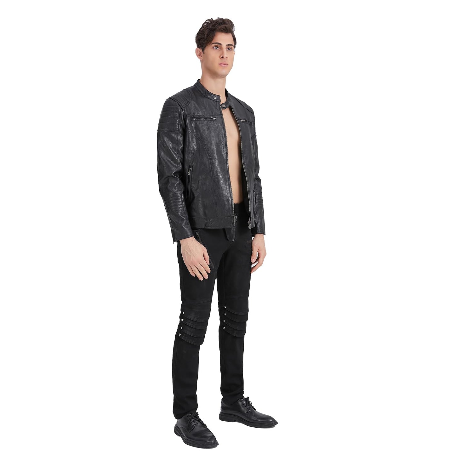 TZMAPU men's motorcycle PU leather jacket Punk style standing collar short jacket (Large, Black)