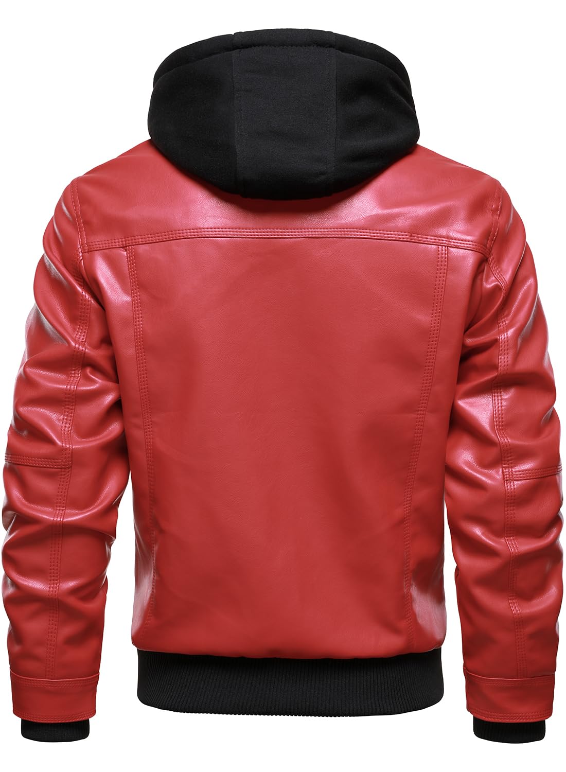 HOOD CREW Men Faux Leather Jacket with Detachable Hood Casual Motorcycle Bomber Jackets Outerwear Red L