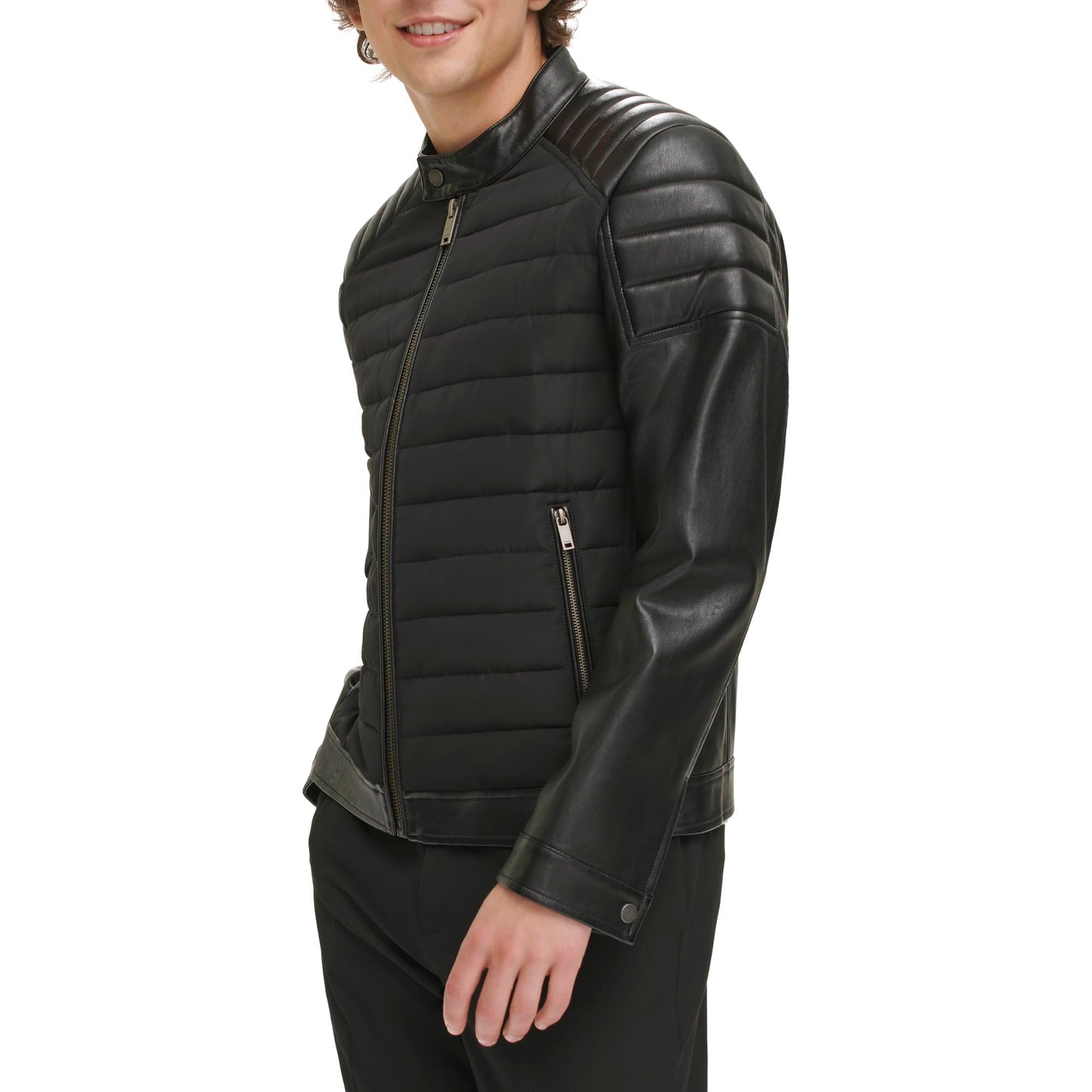 DKNY Men's Mixed Media Faux Leather Puffer Motocros Racer Jacket, Black, Large