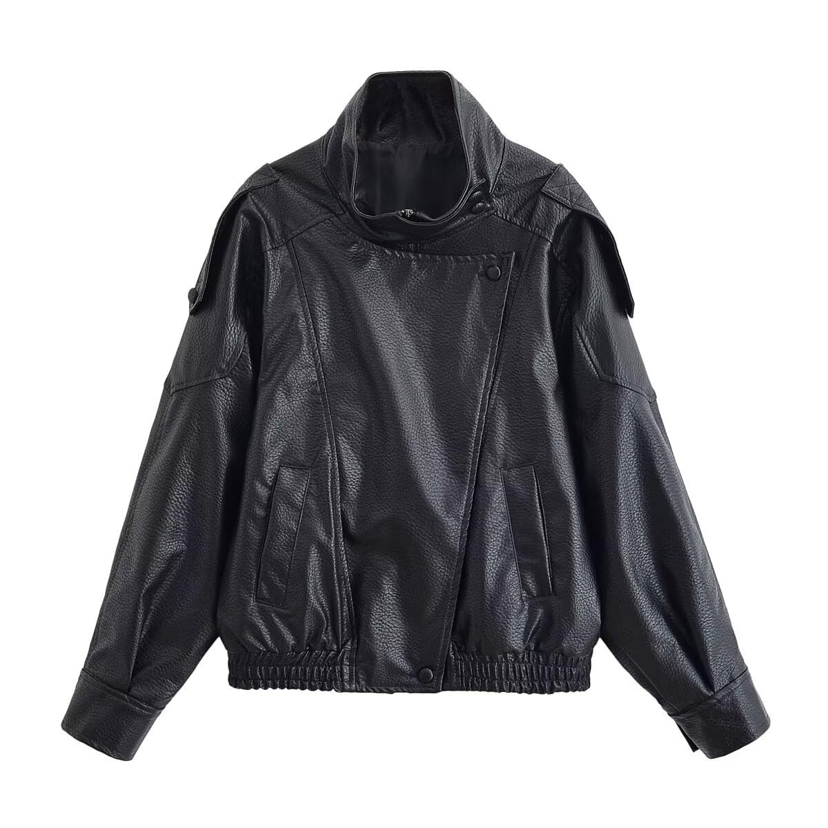 THLAI Black Jacket for Women Faux Leather Coat with Lychee Texture Stand-Up Collar & Long Sleeves Casual Outerwear
