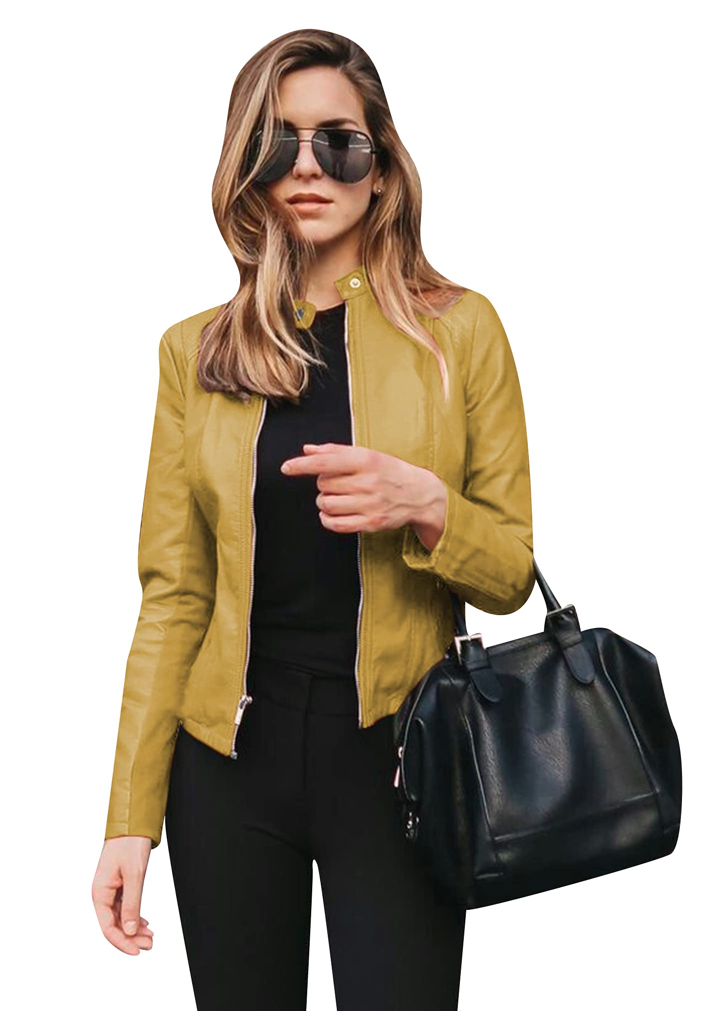 BOFETA Autumn Faux Leather Coat For Women Fashion Moto Jacket Yellow M