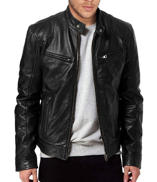 The Leather Factory Men's SWORD Genuine Lambskin Leather Biker Jacket M Black