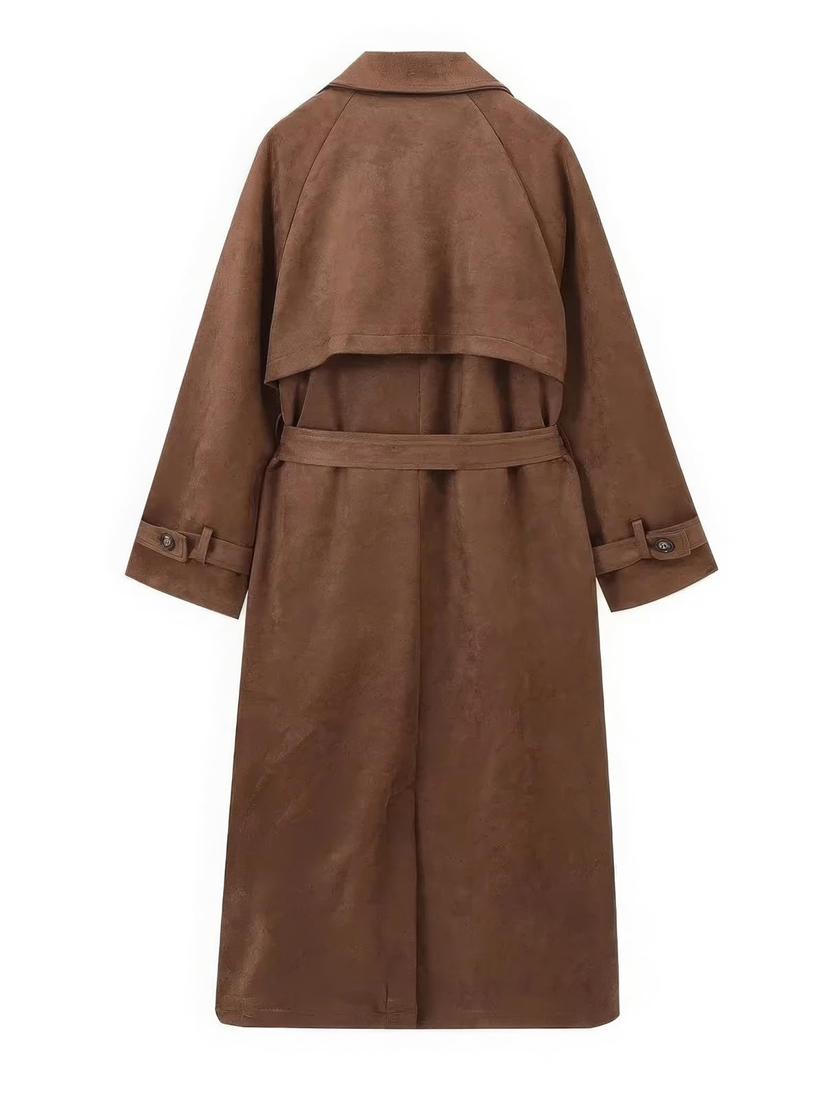 ebossy Women's Fashion Faux Suede Open Front Long Trench Coat Notched Lapel Double Breasted Maxi Overcoat with Belt (L, Brown)