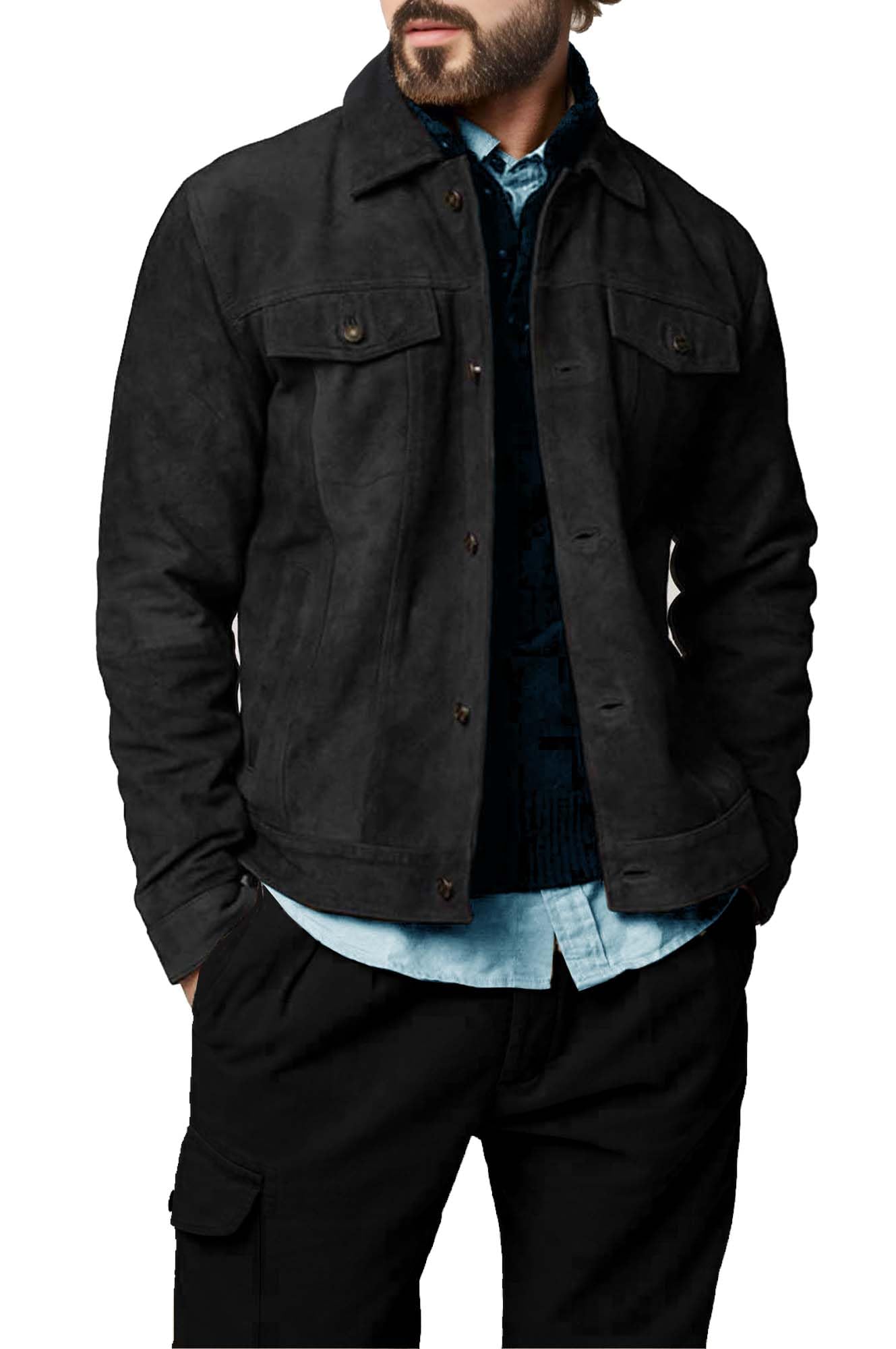 Cheemaz Suede Jacket for Men - Premium Suede Leather Bomber Jacket | Trucker Coat for Mens (as1, alpha, Medium, regular, regular, Black)