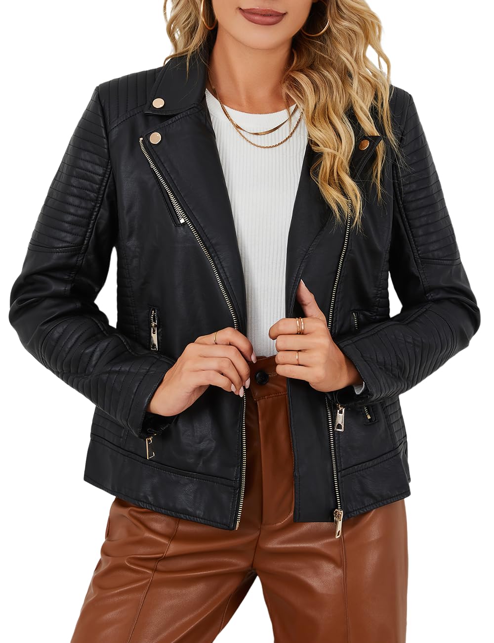Bellivera Women's Faux Leather Casual Jacket 2026 Spring Trendy Motorcycle Outfits Lightweight Classic Coat 53 Black M