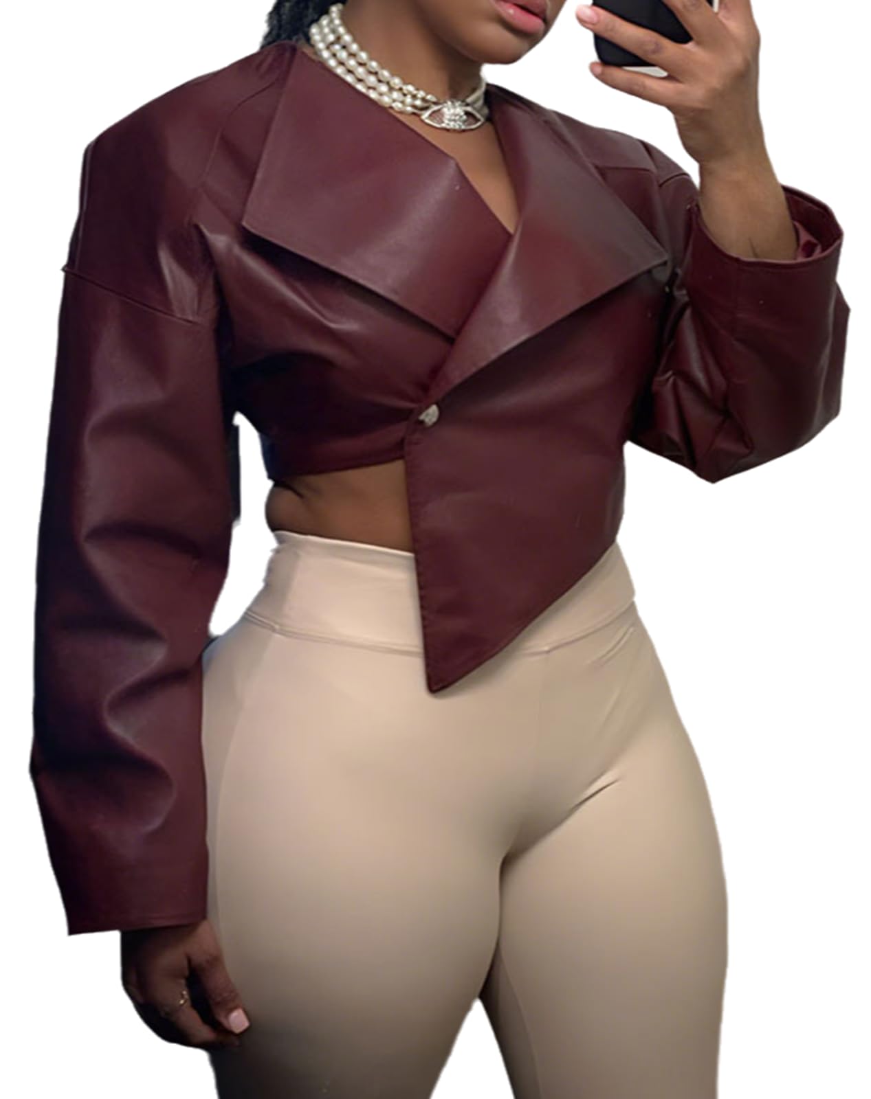 RISCUYY Burgundy Jacket Women Faux Leather Iregular Hem Crop Coat Trendy Long Sleeve Bomber Cropped Leather Jacket Women