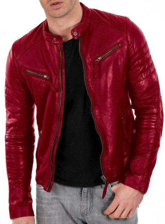 DECIMAL Men's Black & BROWN Genuine Lambskin Leather Biker Jacket VINTAGE REAL MOTORCYCLE JACKETS FOR MEN (M, RED)