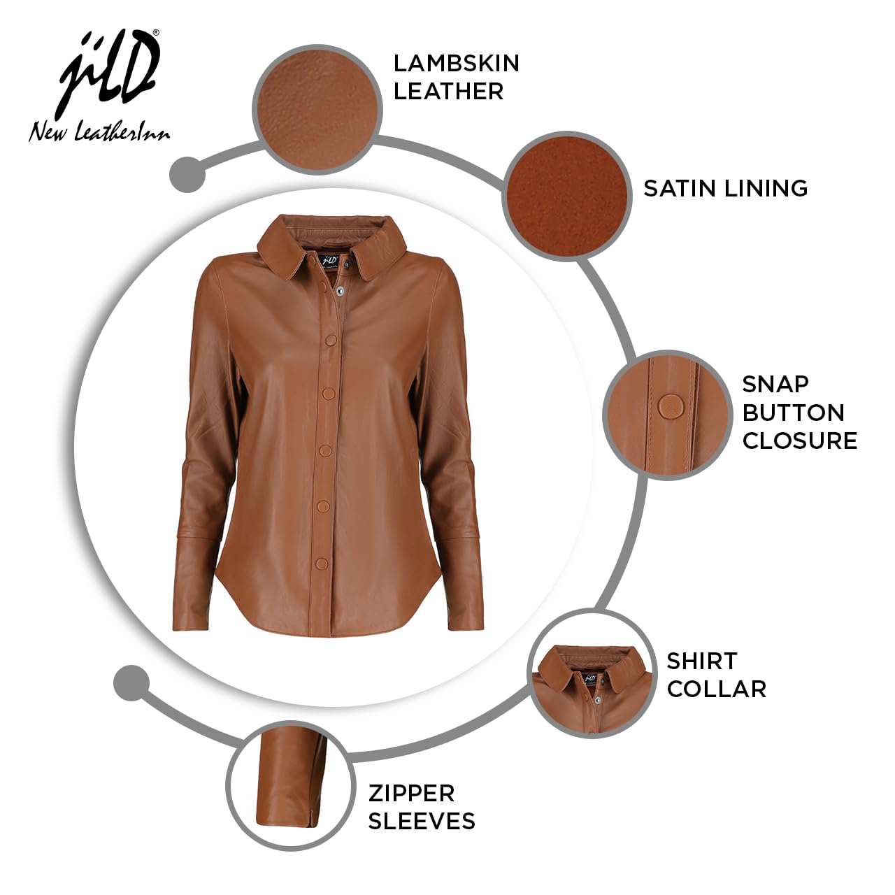 Jild Casual Shirt Real Leather Jacket Women - Long Sleeve Snap Button Down Soft Lambskin Leather Shacket Regular and Plus Size (LS-Tan-L)