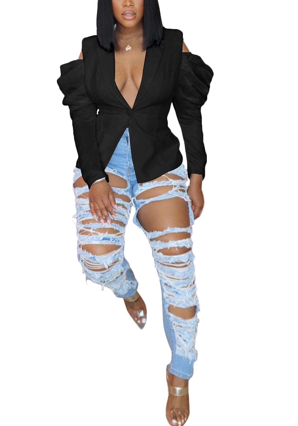 DINGANG Womens Jackets Lightweight Blazer Long Sleeve Shirt V Neck Sexy Light Weight Outerwear Top Off Shoulder Black