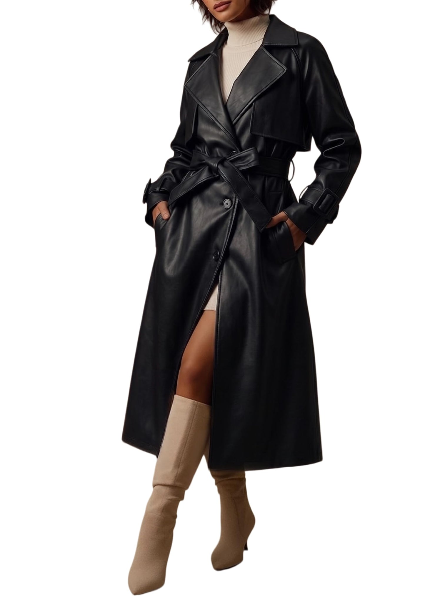 Bellivera Women Trench Coat Long Jacket Faux Leather Classic Lapel Belt Loose Overcoat 2225 Black S