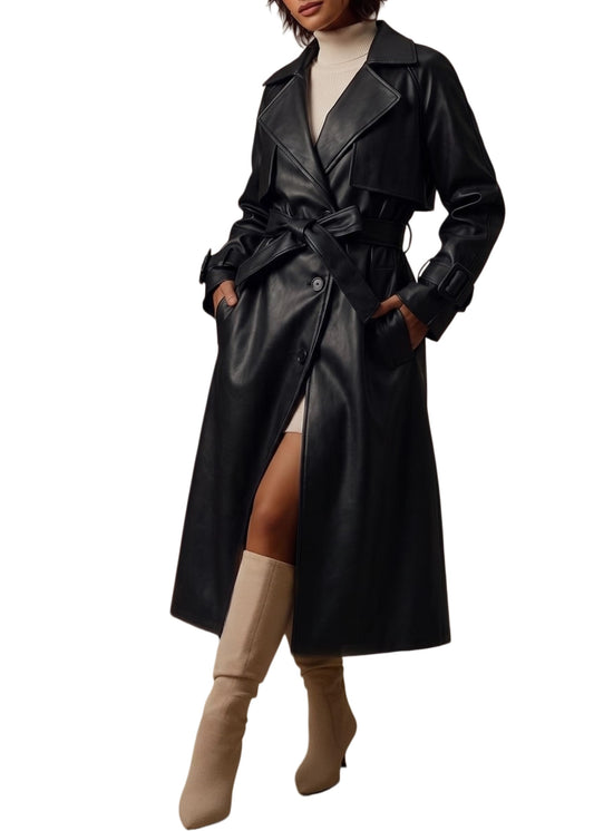Bellivera Women Trench Coat Long Jacket Faux Leather Classic Lapel Belt Loose Overcoat 2225 Black S