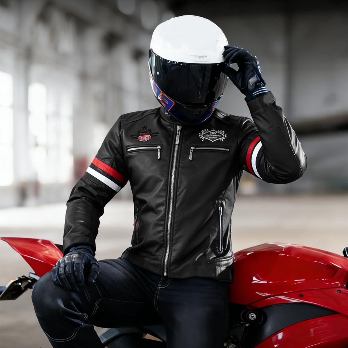 YXYSZZ Men's Motorcycle Jacket Faux Leather Zipper Coat Cycling Windproof(L,Z2906bk)
