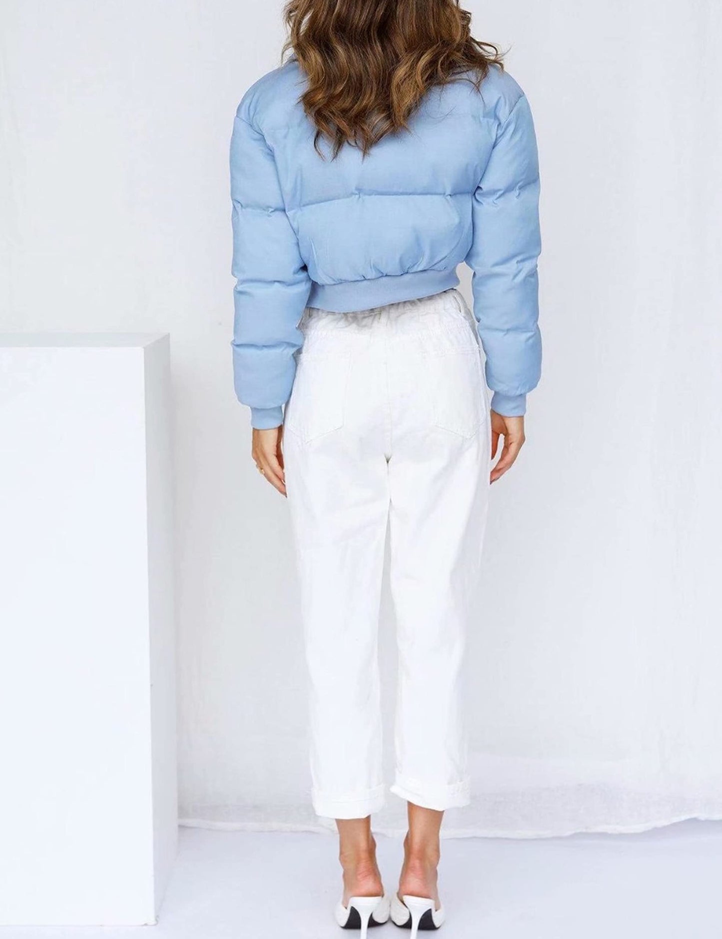 UANEO Womens Cropped Puffer Jacket Stand Collar Zip Up Winter Padded Down Coats (Blue, Medium)