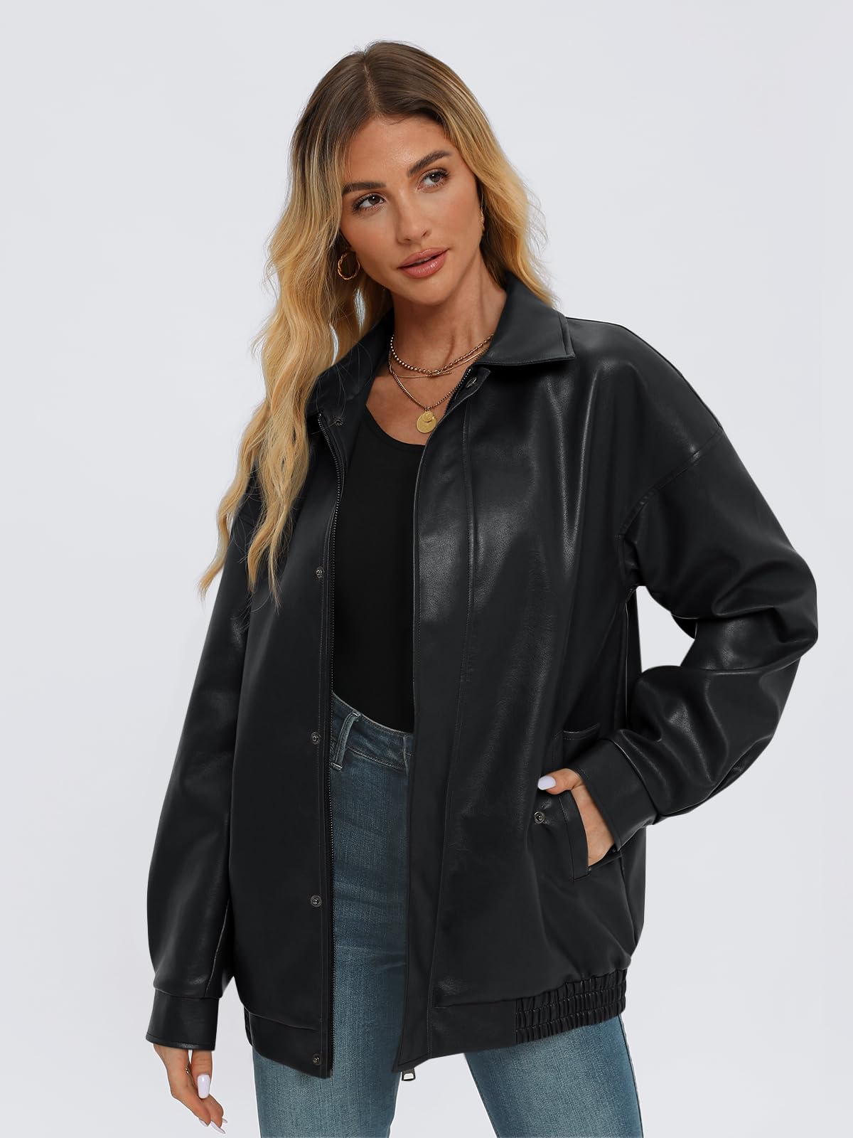 AUTOMET Women's Oversized Leather Jackets Faux Suede 2026 Fall Zip Up Motorcycle Coats Blazer Jackets for Women Outfits Black M
