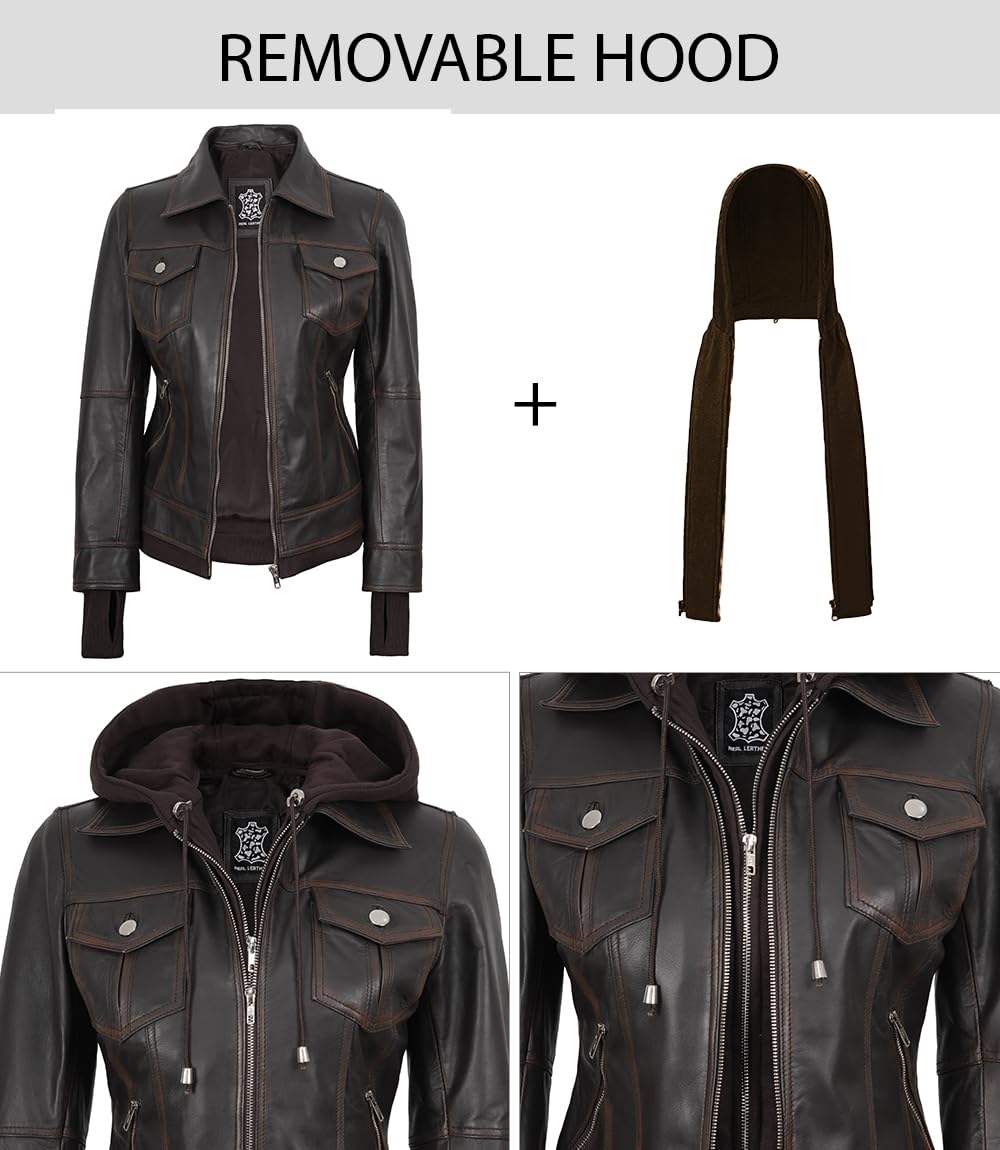 fjackets Leather Jackets For Women - Removable Hood Real Lambskin Tralee Ruboff Leather Jacket Women (N2) | [1316122] S