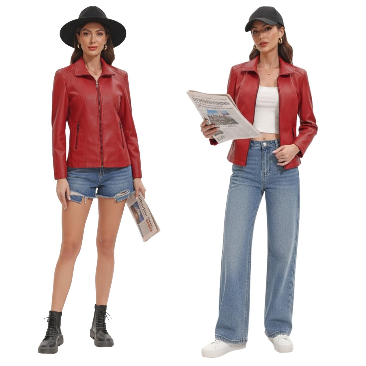 CHIGUO Faux Leather Jacket for Women Motorcycle Fashion Zip Up Coat Trendy Going Out Jackets (Red,Medium)