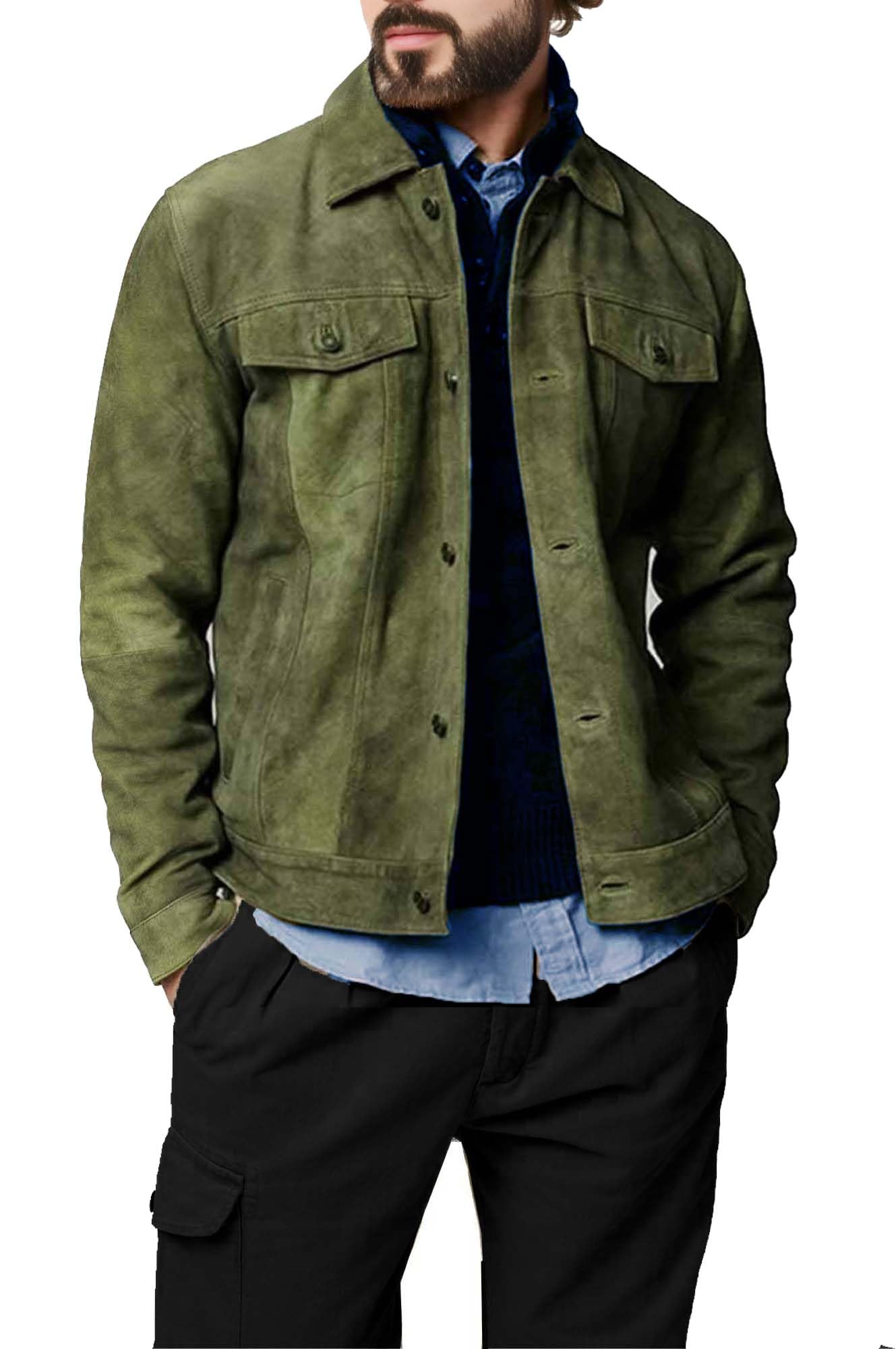 Premium Vintage Trucker Suede Leather Jacket Men Genuine Lambskin Men Leather Jackets Shirt Collar Jackets For Mens (US, Alpha, XX-Large, Regular, Regular, Olive Suede Leather)