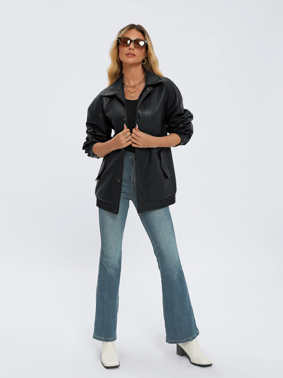 AUTOMET Women's Oversized Leather Jackets Faux Suede 2026 Fall Zip Up Motorcycle Coats Blazer Jackets for Women Outfits Black M