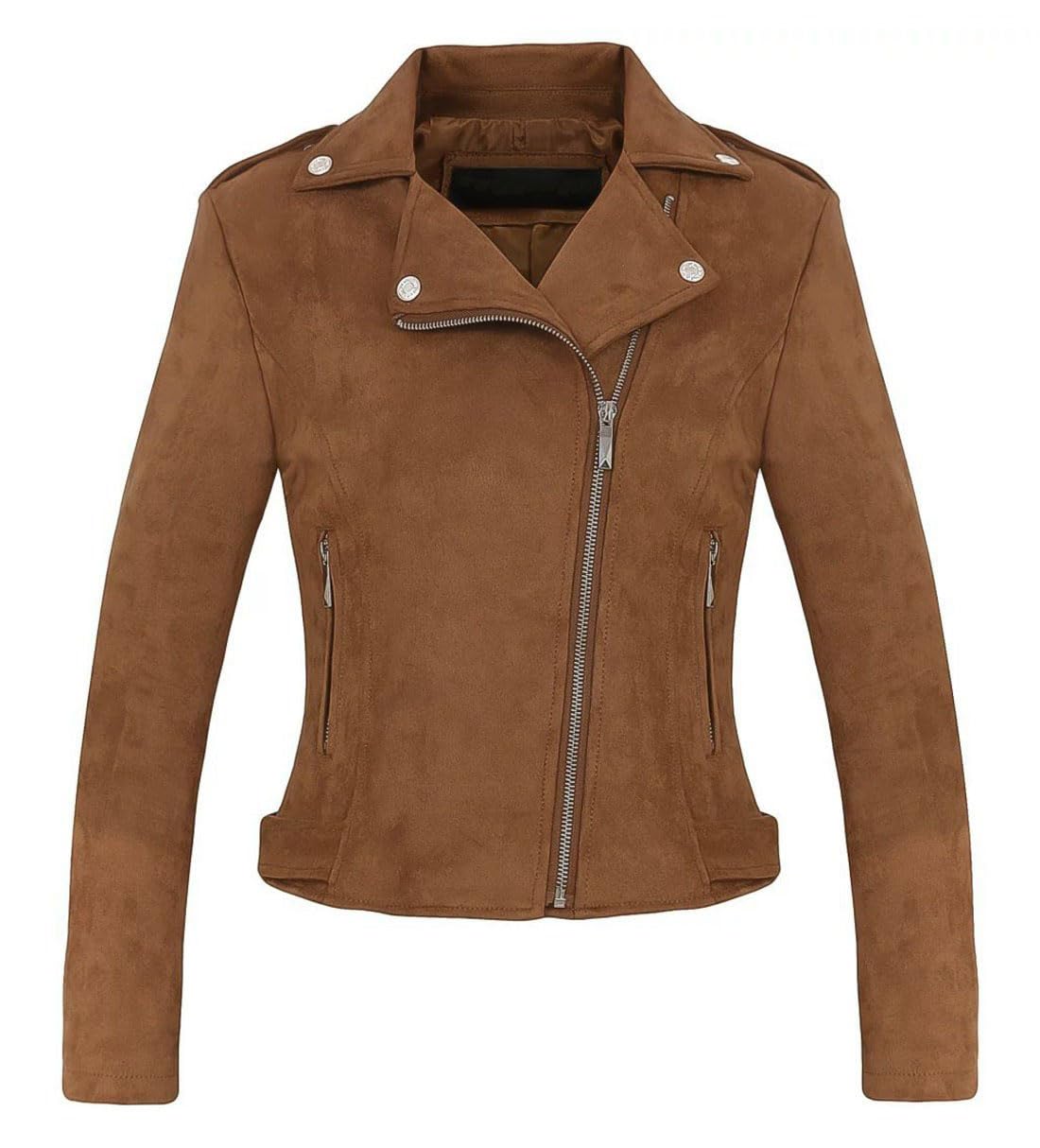 CHARTOU Women's Fall 2023 Fashion Faux Suede Leather Casual Moto Biker Jacket Coats (Small, Coffee)