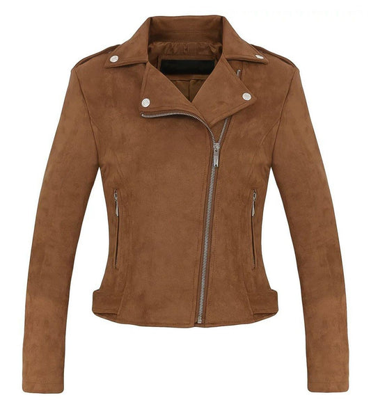 CHARTOU Women's Fall 2023 Fashion Faux Suede Leather Casual Moto Biker Jacket Coats (Small, Coffee)