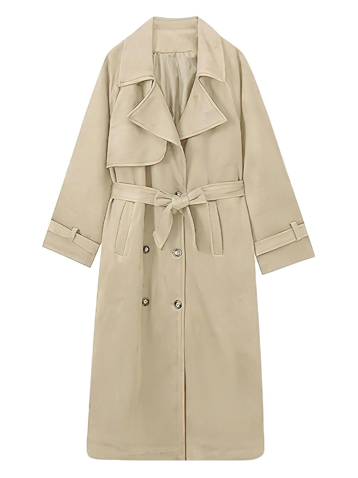 ebossy Women's Fashion Faux Suede Open Front Long Trench Coat Notched Lapel Double Breasted Maxi Overcoat with Belt (L, Light Khaki)