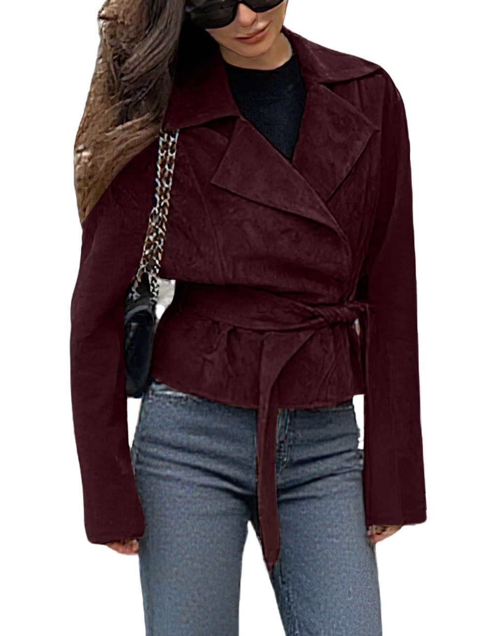 CHARTOU Faux Suede Leather Jacket 2025 Vintage Casual Cropped Wrap Coat with Belt (Large,Burgundy)