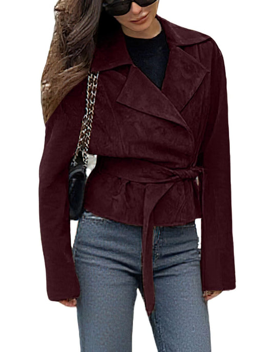 CHARTOU Faux Suede Leather Jacket 2025 Vintage Casual Cropped Wrap Coat with Belt (Large,Burgundy)