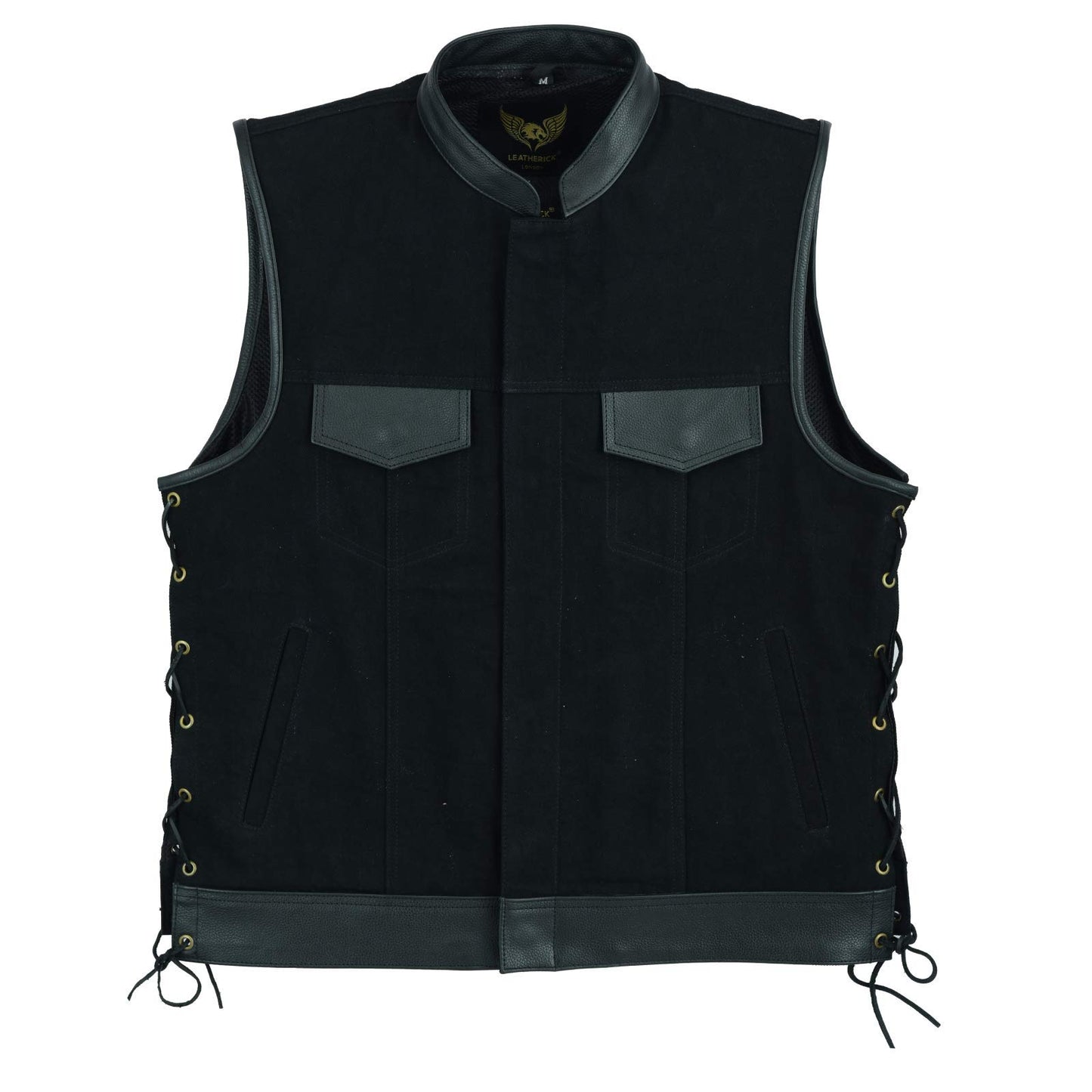Leatherick Mens Side Lace Black Denim Vest with Leather Trims for Motorcycle Bikers (XL)