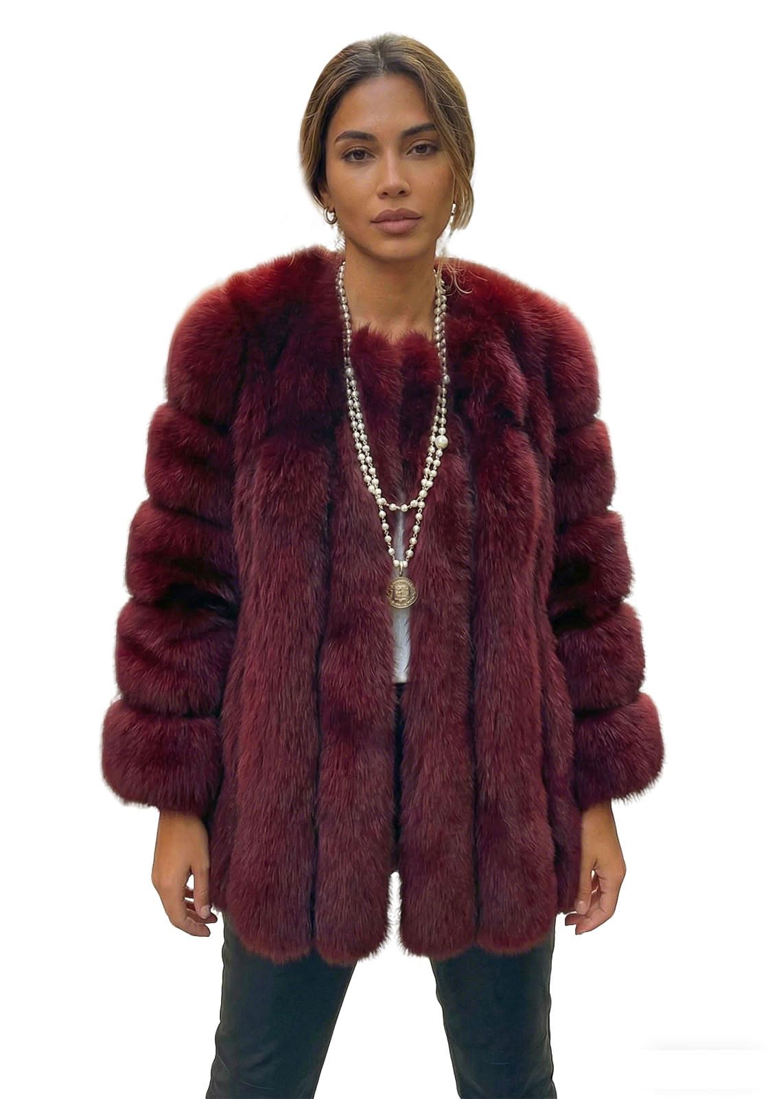 loveimgs Women Elegant Fuzzy Long Faux Fur Coat Puffer Jacket Collarless Parka Winter Zip Up Teddy Coat Overcoat (Medium, Burgundy)