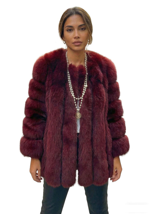 loveimgs Women Elegant Fuzzy Long Faux Fur Coat Puffer Jacket Collarless Parka Winter Zip Up Teddy Coat Overcoat (Medium, Burgundy)