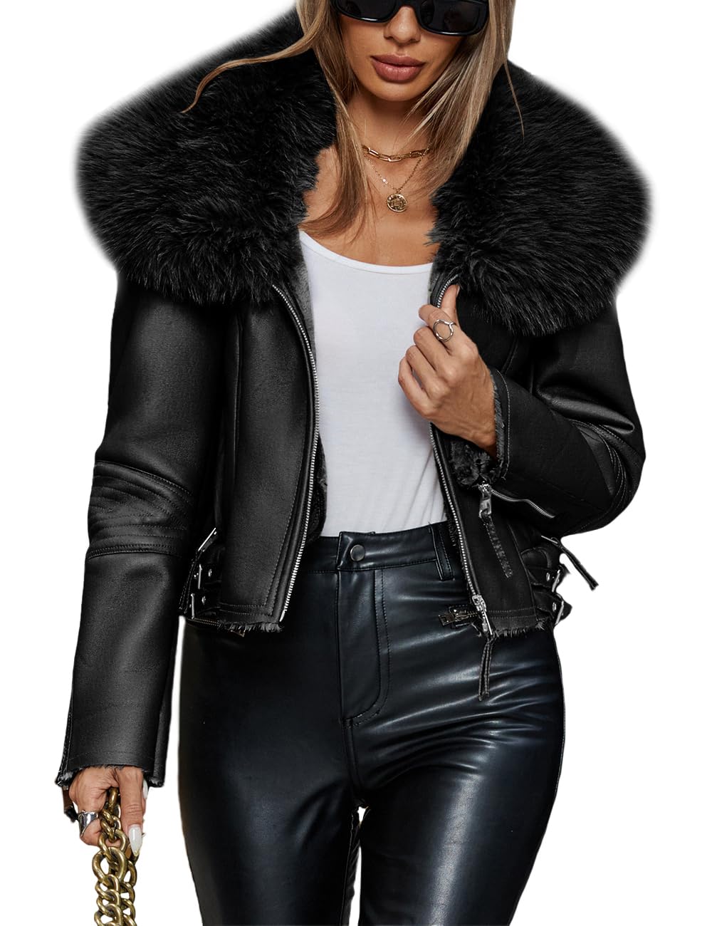 Bellivera Women's Faux Leather Moto Biker Jacket Aviator Sherpa Lined Winter Outerwear with Faux Fur Collar 267 Black M