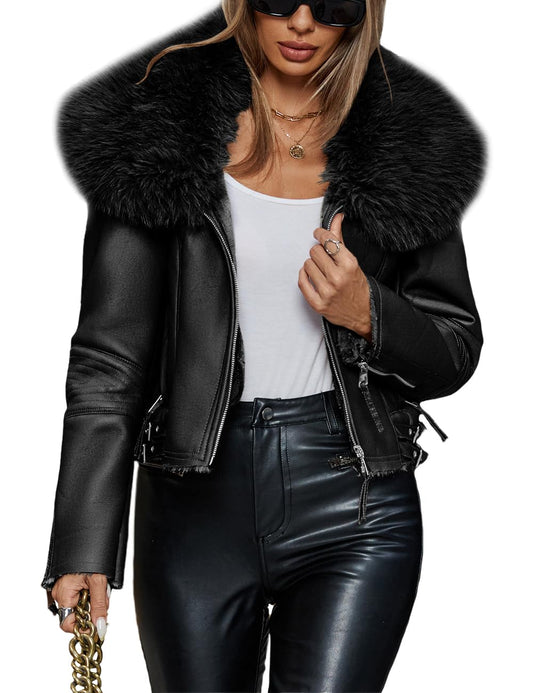 Bellivera Women's Faux Leather Moto Biker Jacket Aviator Sherpa Lined Winter Outerwear with Faux Fur Collar 267 Black M