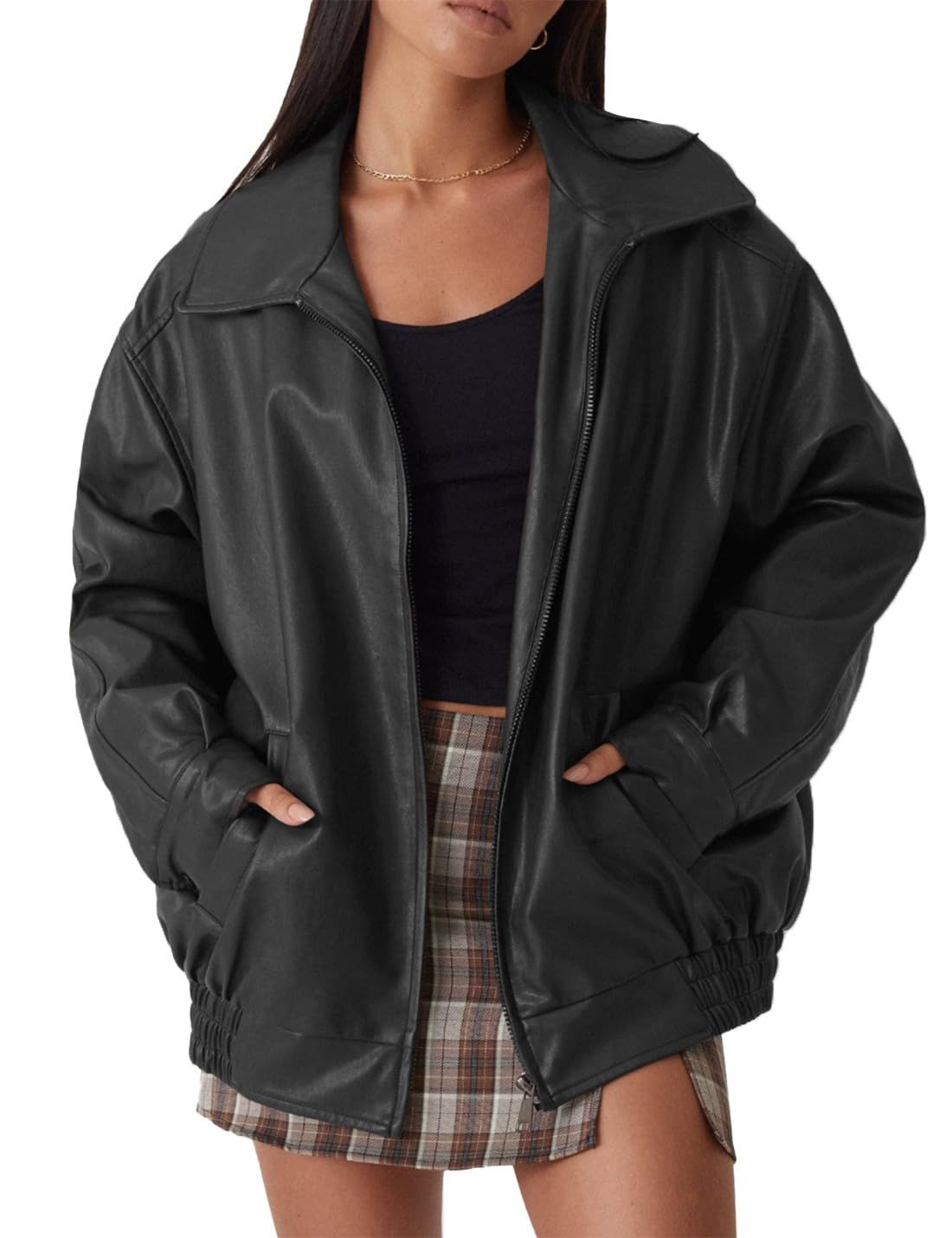 FSVABY Womens Oversized Faux Leather Motocycle Black Jacket Zip Up Outwear Coat with Pockets (Black, Medium)
