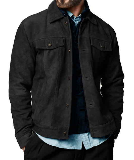 Cheemaz Suede Jacket for Men - Premium Suede Leather Bomber Jacket | Trucker Coat for Mens (as1, alpha, Medium, regular, regular, Black)