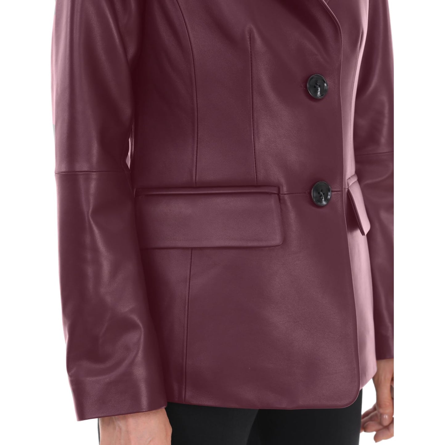 SILVER FASHIONS Lambskin Leather Jacket Women,Long Sleeve Button Front Leather Blazer,Notched Lapel Casual Style,Vent Detail (Large,Burgundy)