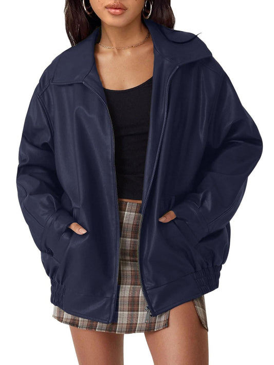 hathne Women's Oversized Leather Jackets Faux Zip Up Fall Fashion Motorcycle Jackets Coats Winter Clothes(Dark Blue,S)
