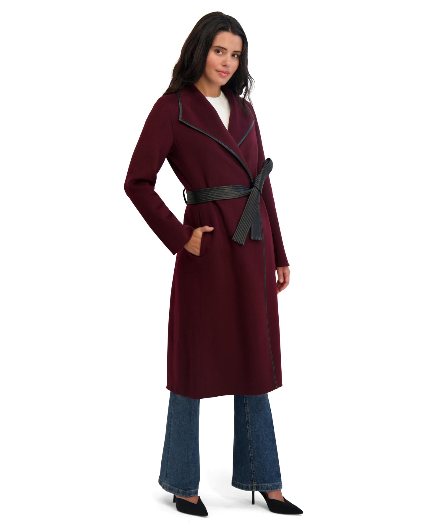 Tahari Women's Double-Faced Luxury Soft Wool Blend Longline Wrap Coat with PU Binding and Removable Belt, Cherry, X-Small