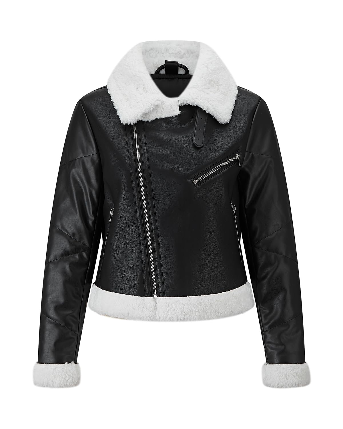 WYOYW Women Puffer Leather Jacket Patchwork Faux Fur Lined Coat Moto Biker Faux Leather Jacket Black White M