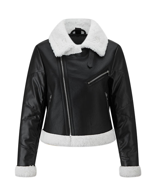 WYOYW Women Puffer Leather Jacket Patchwork Faux Fur Lined Coat Moto Biker Faux Leather Jacket Black White M