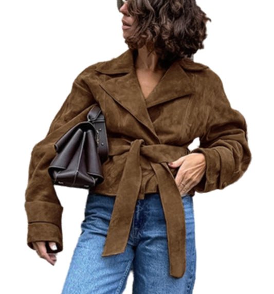 RISCUYY Suede Jacket Women Brown Belted Long Sleeve Lapel Button Down Cropped Faux Suede Jacket Women 2025