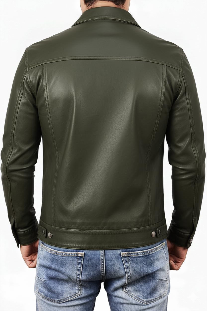 STOREJEES Trucker Jacket Men - Green Leather Jacket | Trucker Green - L