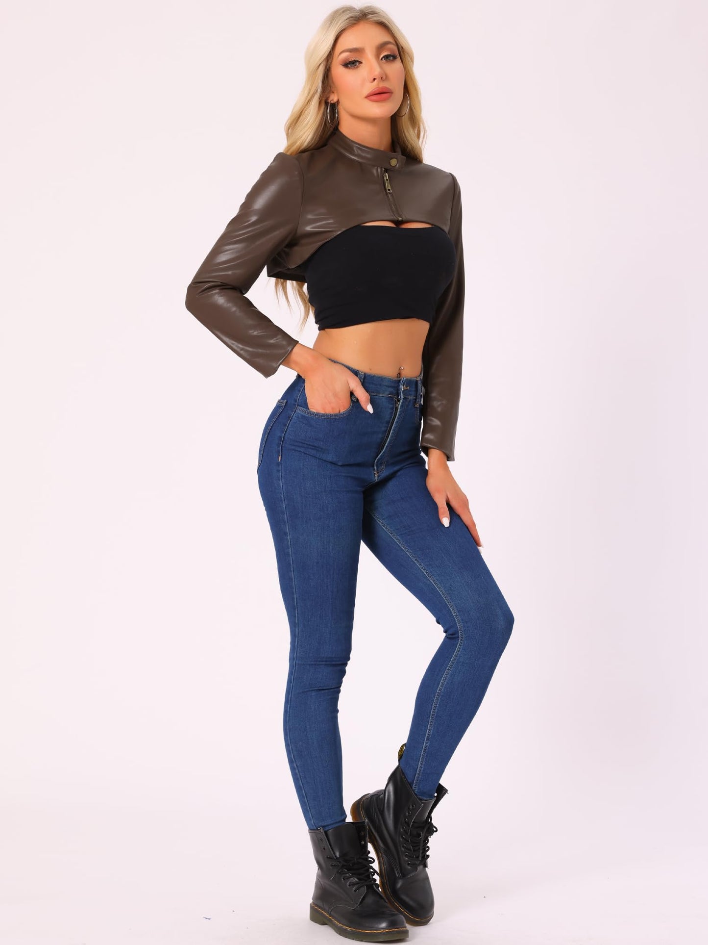 Allegra K Women's Faux Leather Cropped Top Stand Collar Zipper Front Moto Biker Long Sleeve Jacket Coat X-Small Brown