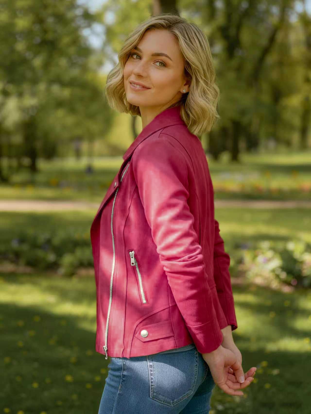 SS-Sunrise Fashion Women's Faux Suede Jacket Long Sleeve Asymmetric Zip Casual Cropped Coat Biker Moto Jacket Outwear with Fake Pockets (X-Large, Red)