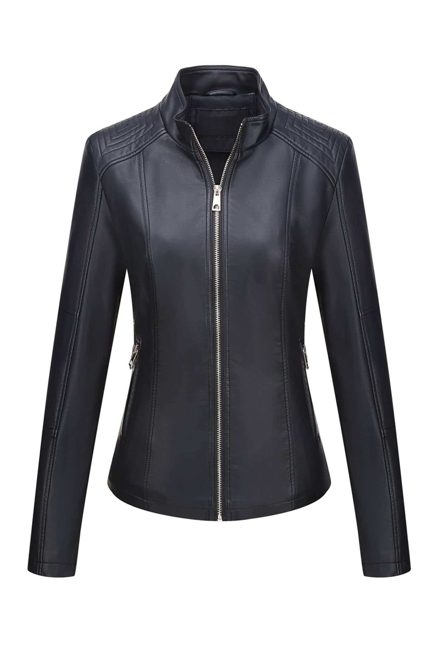 Bellivera Faux Leather Women Motorcycle Stand Collar Jacket Black L