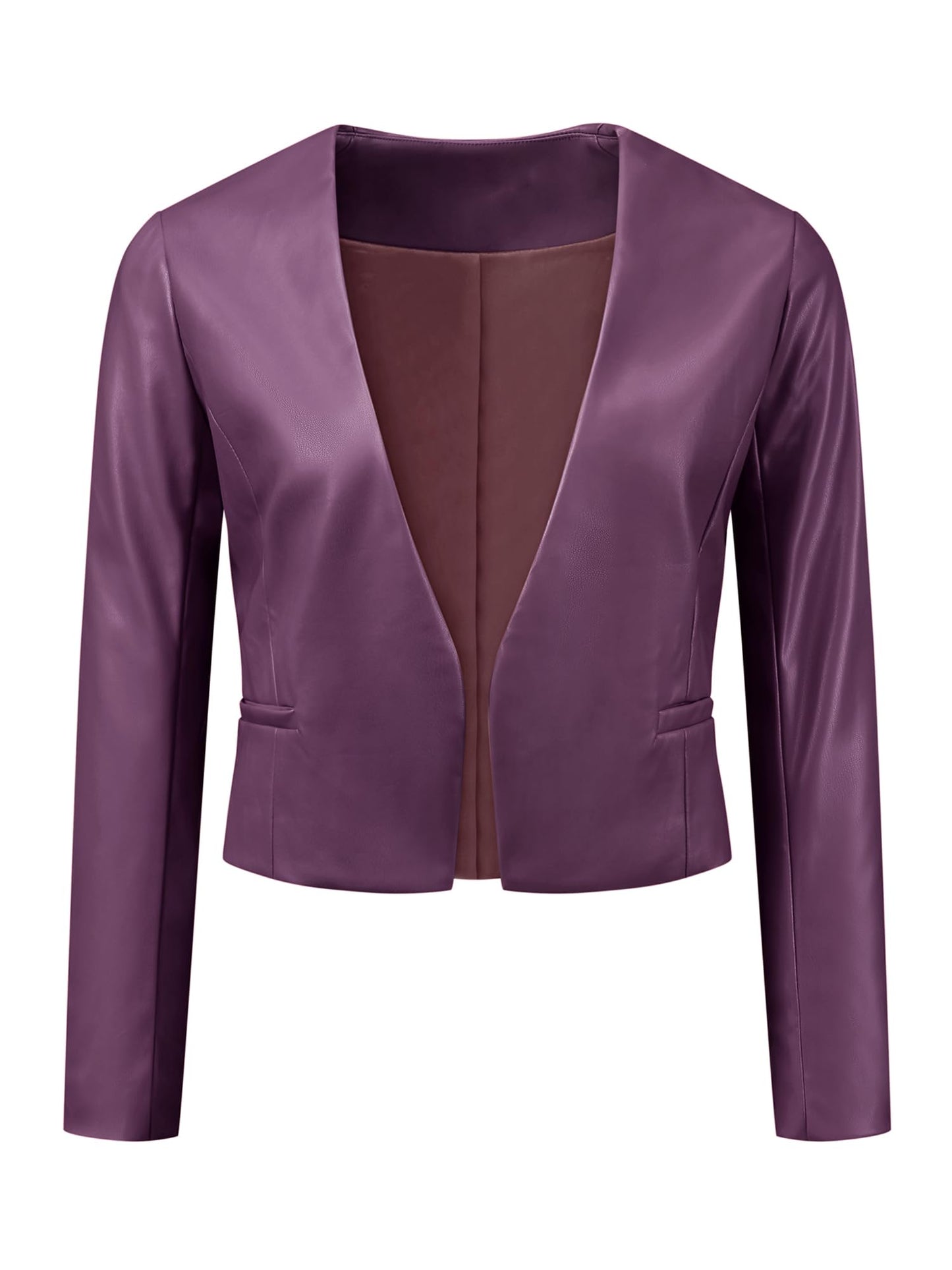 Allegra K Faux Leather Jacket for Women's Collarless Open Front Crop PU Moto Biker Jackets Medium Dark Purple