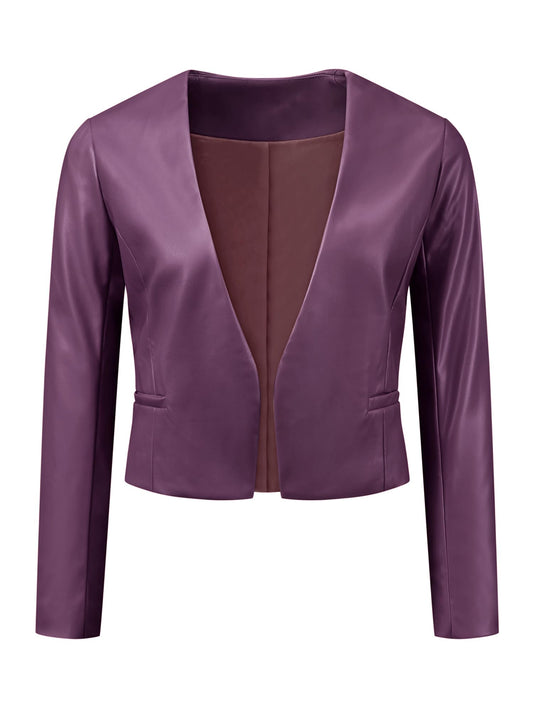 Allegra K Faux Leather Jacket for Women's Collarless Open Front Crop PU Moto Biker Jackets Medium Dark Purple